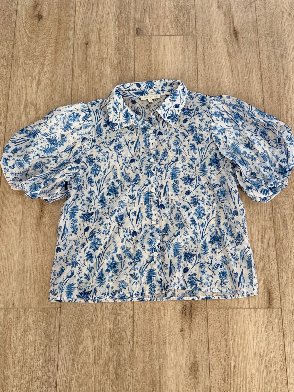 Blue Floral Puff-Sleeve Button Front Blouse